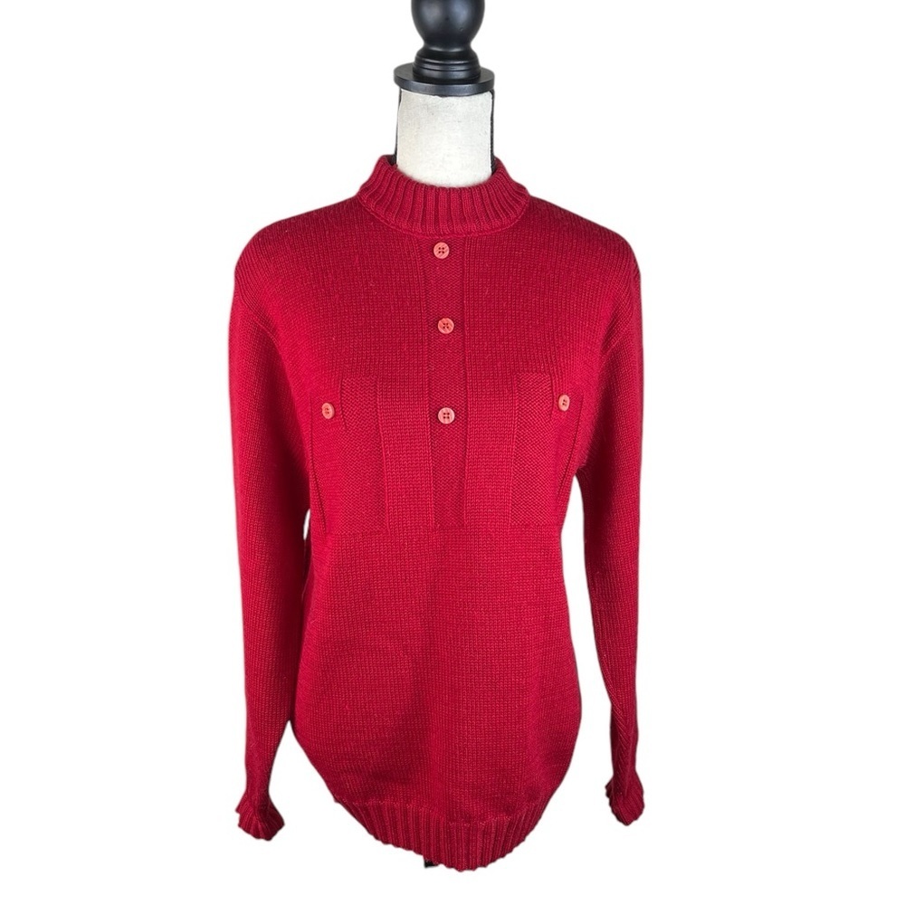 Vintage Jean Claude Killy Worsted Wool Sweater Knit Button Detail Mock Neck